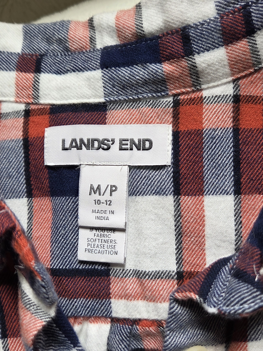 Lands' End Navy and Orange Plaid Button-Down Shirt 100% Cotton